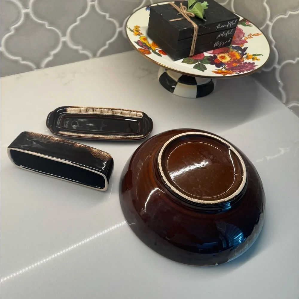 Brown Ceramic Bowl and Butter Dish Set